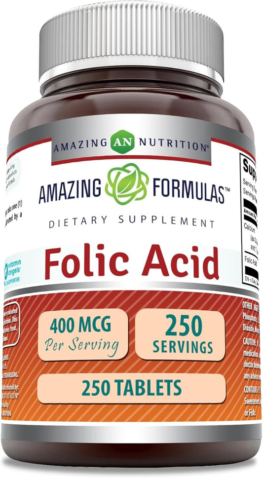 Amazing Formulas Folic Acid (Vitamin B9) 400 mcg | Tablets Supplement | Non-GMO | Gluten Free | Made in USA (1 Pack, 250 Count)