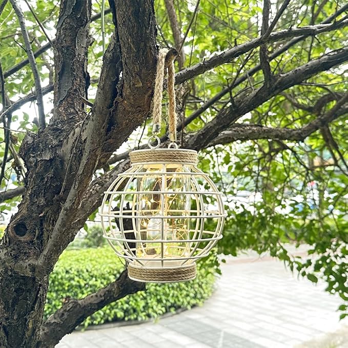 JHY DESIGN Metal Cage LED Lantern Battery Powered,7.3" Tall Cordless Accent Light with 20pcs Fairy Lights.Great for Weddings, Parties, Patio, Events for Indoors/Outdoors(White)