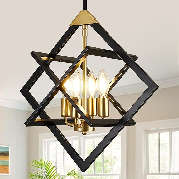 18" Modern Black and Gold Chandelier, No Assembly Required 4-Light Dining Room Light Fixture Over Table, Industrial Metal Hanging Pendant Lights Fixture for Kitchen Island, Entryway, Foyer