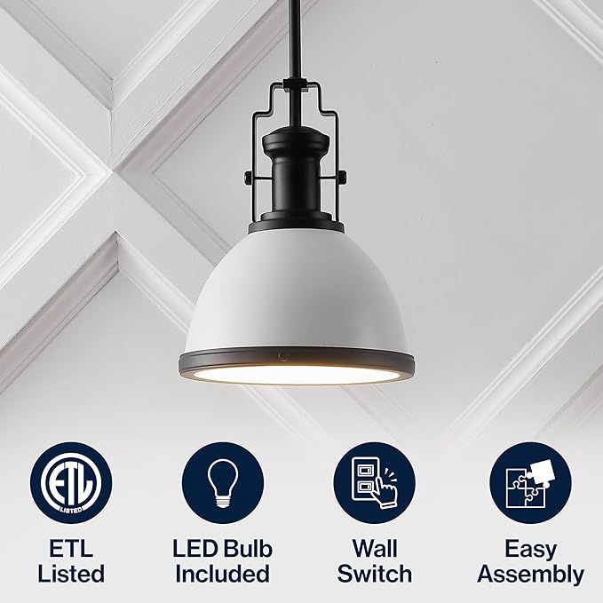 JONATHAN Y 10" Matte Black/White Modern Industrial Iron LED Dome Pendant Light, Adjustable Hanging Fixture for Kitchen Island or Entryway, White Metal Shade, LED Bulb Included (JYL9535E)