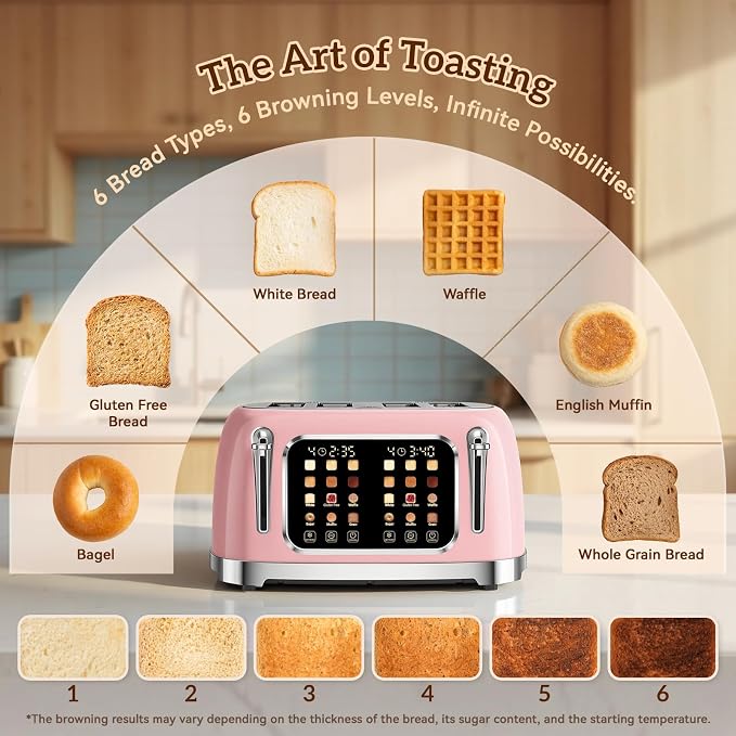RONGBEST Retro Toaster 4 Slice with Stainless Steel Wide Slot Touchscreen for Family Breakfast, Reheat & Defrost, 6 Browning Levels for Bagel & Bread, Removable Crumb Tray, Blush Pink