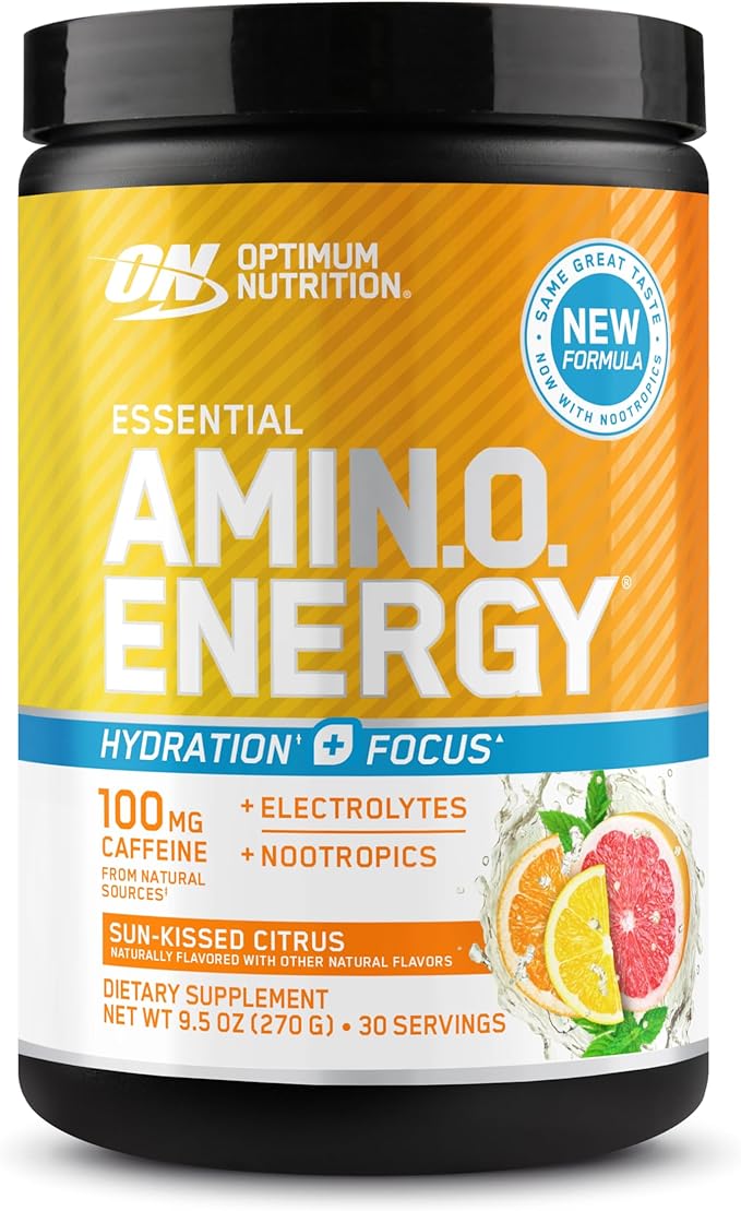 Optimum Nutrition Amino Energy Powder Plus Focus, with BCAA, Electrolytes, and Caffeine, Sunkissed Citrus, 30 Servings (Packaging May Vary)