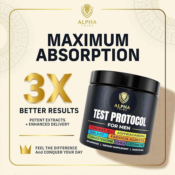 Alpha Tribe Test Protocol - Elite Natural Testosterone for Men | Testosterone Supplement for Men with Ashwagandha & Tongkat Ali (120 Count Pack of 3)