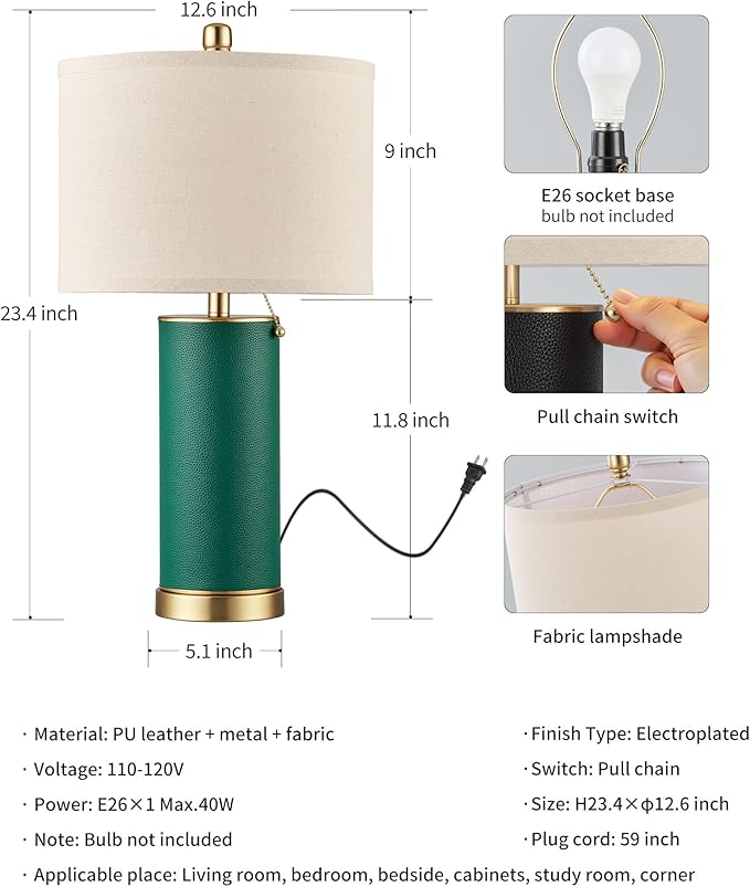 KDG 23.4" Green PU Leather Table Lamps for Living Room Set of 2, E26 Socket Modern Home Decor Fabric Lampshade Desk Lamp Lighitng for Bedroom, Bedside, Farmhouse, Nightstand, Night Light