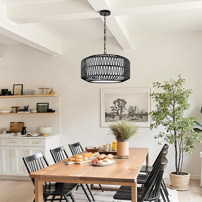 9"-52" Height Adjustable Farmhouse Chandelier Light Fixture, 5-Light Rattan Boho Chandeliers for Dining Room, Hand Woven Pendant Light with Linen Shade, Rustic Hanging Lighting for Kitchen Island