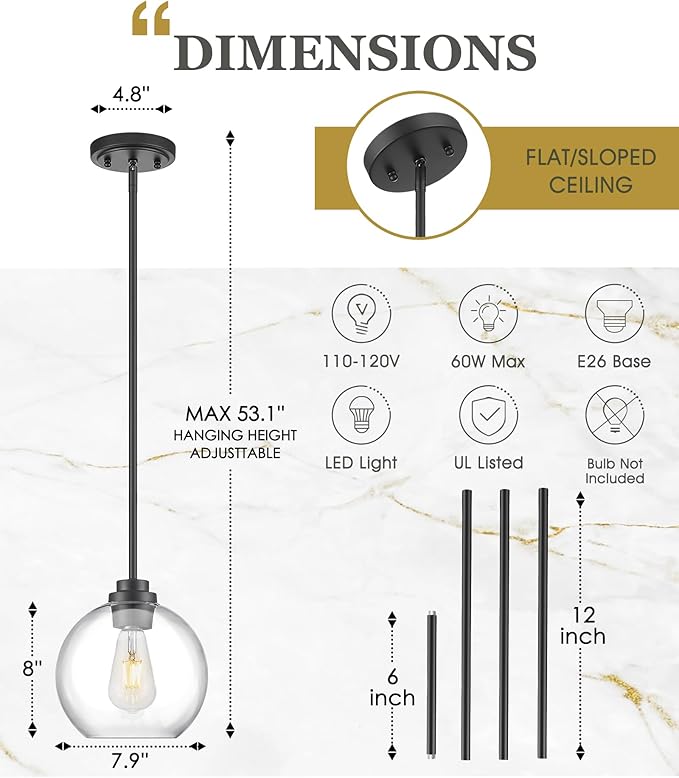 Black Pendant Lights Kitchen Island, 8" Pendant Light Fixtures with Globe Clear Glass Shade, Modern Kitchen Island Lighting, AD-22280-1PL-BK