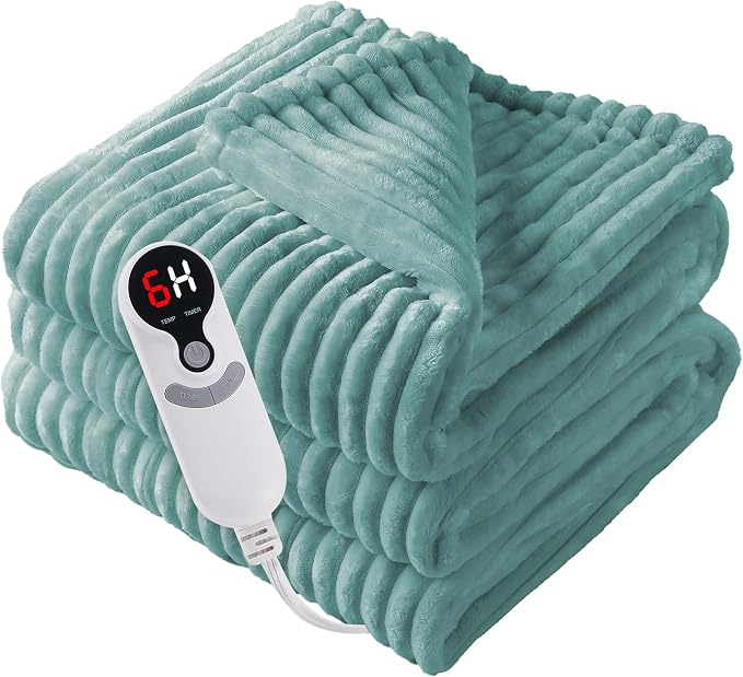 Electric Heated Blanket Twin Size 62"x84" with Cozy Flannel, 9 Heat Settings & 1-10 Hours Auto Off, Soft & Cozy Warming Throw for Home, Office, or Bed, Machine Washable, Bean Green