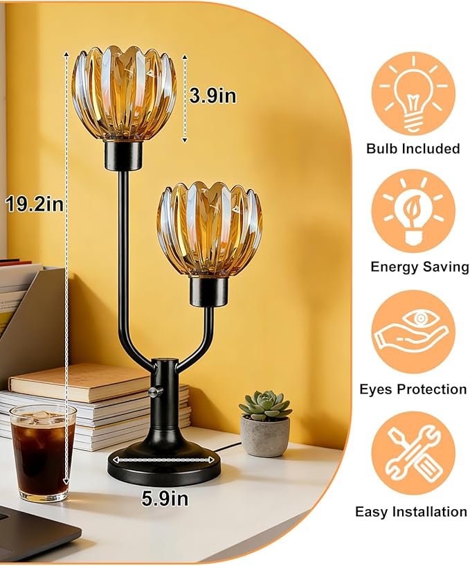Lightdot Mid Century Modern Flower Table Lamp for Bedroom Dimmable Nightstand Lamp Amber Glass Vintage Black Desk Lamp 2 Bulbs Included Warmwhite Ambient Bedside Lamp for Living Room Home Office Decor