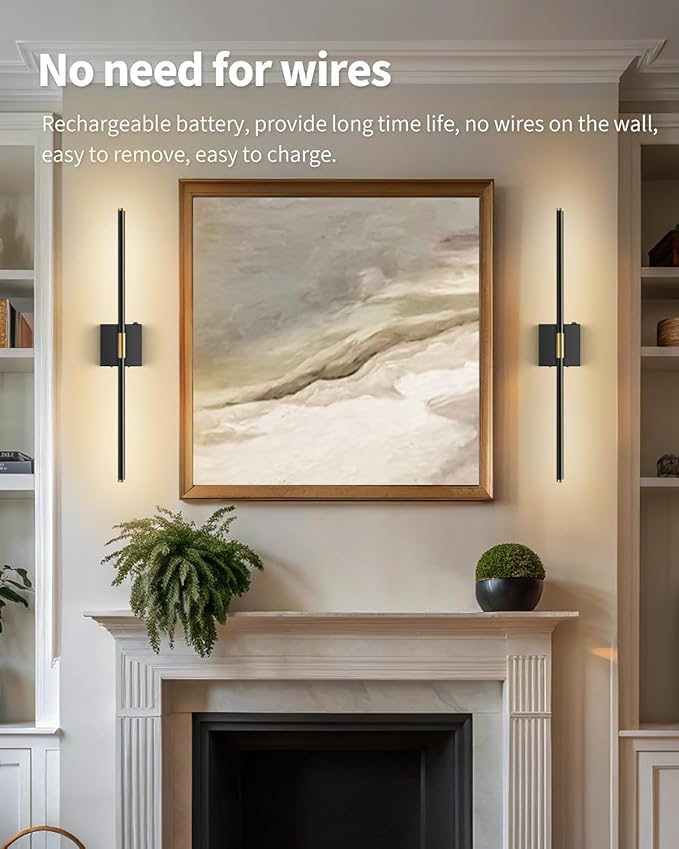 SAIMAND Wall Sconces Set of 2 Battery Operated, Wireless USB Rechargeable Wall Lights with Remote Control, 360° Rotation, 8000mAh LED Dimmable Picture Lamp for Living Room,Bedroom,Hallway (30in Black)