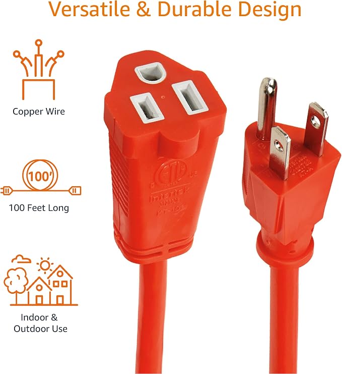 Amazon Basics 100 Foot 3-Prong Vinyl Indoor/Outdoor Extension Cord, Long Power Cord, Grounded Plug for Safety, Moisture Resistant, 10 Amps, 1250 Watts, 125 VAC, Orange