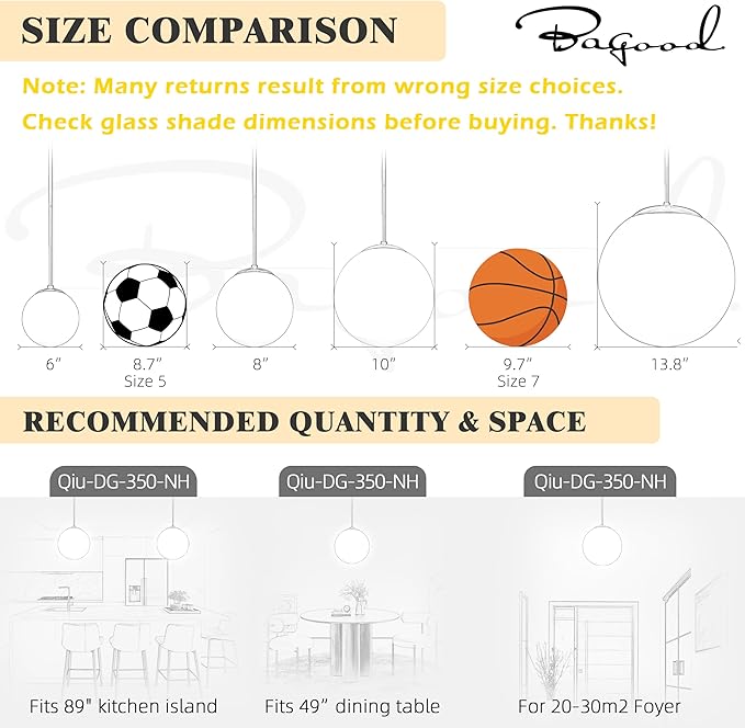 Bagood 14" Globe Pendant Light 3-Light Black Mid Century Pendant Light Clear Glass Lights Kitchen Island Mid Century Adjustable Hanging Farmhouse Globe Fixtures for Living Room Lobby