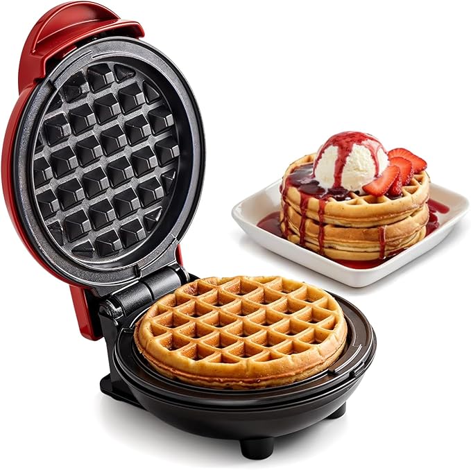 Elite Gourmet EWM015R Electric Nonstick 4.5" Cooking Surface Mini Waffle Maker, Belgian Waffles, Compact Design, Hash Browns, Keto, Snacks, Sandwich, Eggs, Easy to Clean, Red