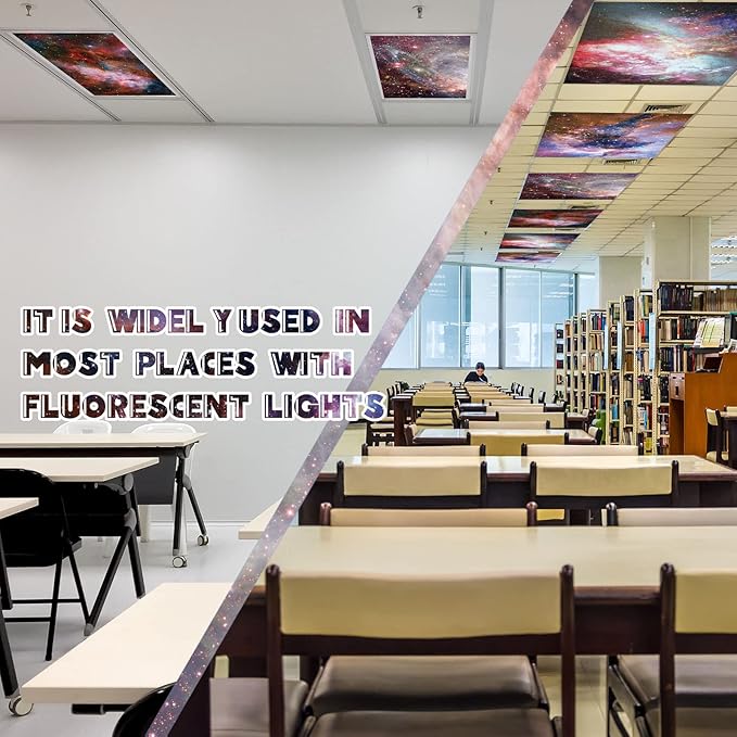 Amylove 4 Pcs Fluorescent Light Covers Classroom Ceiling Panels Light Filters with Backlit Film Material for Office School, 4 x 2 Feet(Dreamy Color,Galaxy Stars)