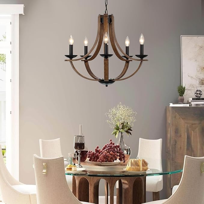 LAMPKEDUO Farmhouse Chandeliers for Dining Room Light Fixture, 5-Light 24 inch Faux Wood Texture Hanging Lighting Fixtures, Rustic Candle Chandeliers for Living Room Kitchen Island Foyer Entryway