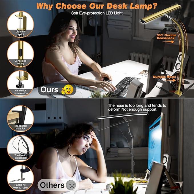 Airlonv LED Desk Lamp for Office Home, Eye-Caring Desk Light with Stepless Dimming Adjustable Flexible Gooseneck, 10W USB Adapter Desk Lamp with Clamp for Reading, Study, Workbench (Gold)