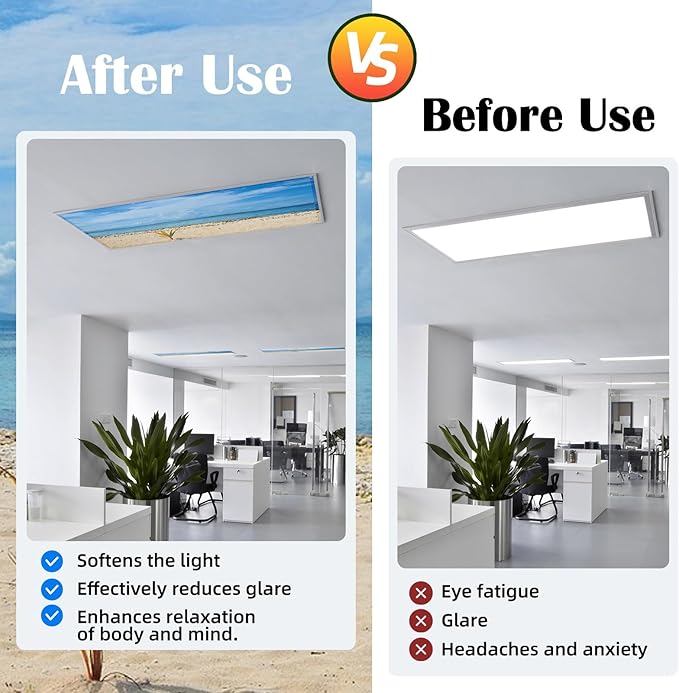ANGSYLTH 8 Pcs Fluorescent Light Covers - 4 x 2 Feet Covers for Ceiling Lights, 8 x 10 Magnetic Light Filters for Classroom, Office, Hospitals (Summer - Beach)
