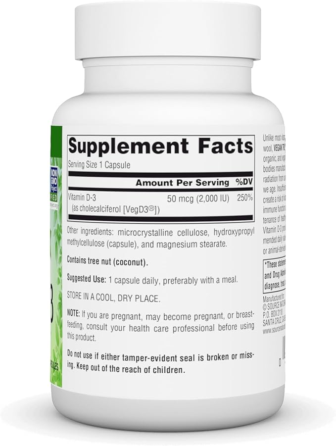 Source Naturals Vegan True, Vitamine D-3 sans OGM, Complément Alimentaire pour la Santé Immunitaire et Osseuse*, 2 000 UI - 90 Gélules