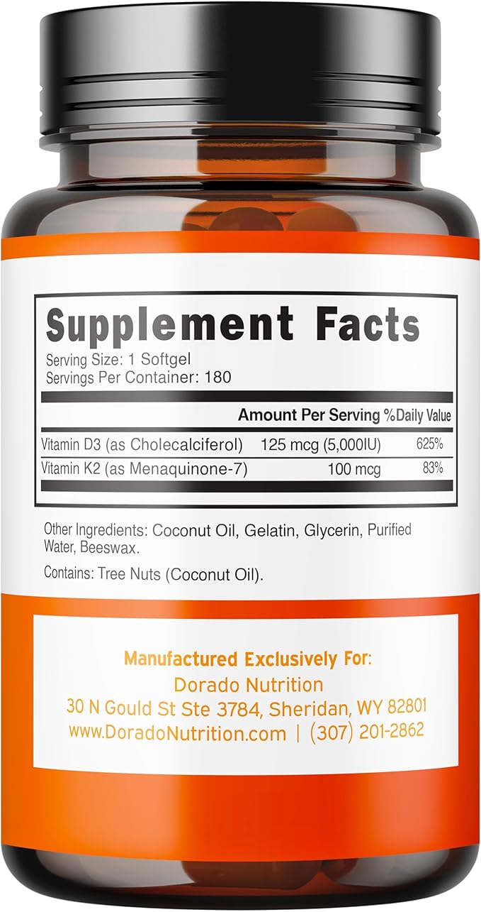Supplément Vitamine D3 K2 (180 Gélules) Vitamine D3 K2 5000 UI/100 mcg - Supplément avec D & K - Soutient la Santé des Os et du Système Immunitaire pour Adultes - Végétalien, Sans OGM, Testé par un Tiers - Fabriqué aux États-Unis - 180 Comprimés