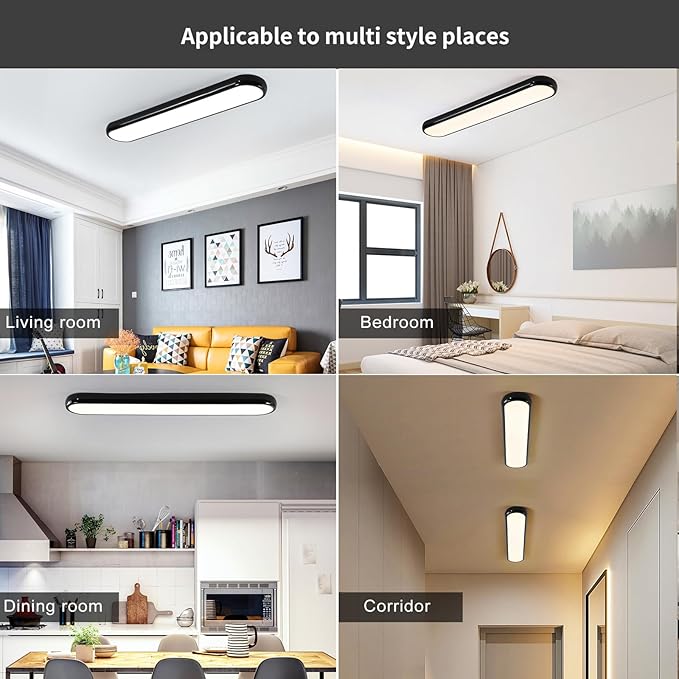 Qcyuui Modern LED Ceiling Light,Dimmable Semi Flush Mount Ceiling Light,39.4 in Long Ceiling Light Fixture,Kitchen Lighting Fixtures Ceiling for Office Bedroom Hallway(Black/48W/3000-6500K)