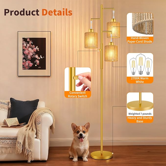 Hotsonic 72" Tall Boho Rattan Style Floor Lamp with Hand-Woven Paper Cord Shade, Dimmable Industrial Tree Standing Lamp for Living Room, Bedroom, Study Room, Office (3 x 800LM Bulbs Included) - Gold