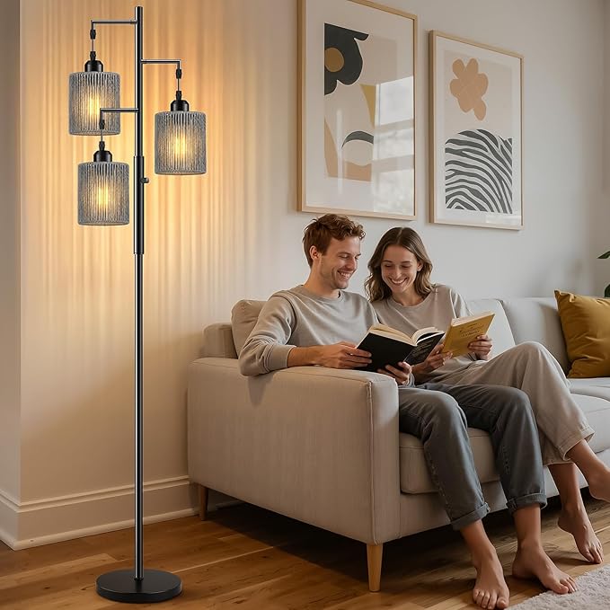 Hotsonic 72" Tall Boho Rattan Style Floor Lamp with Hand-Woven Paper Cord Shade, Dimmable Industrial Tree Standing Lamp for Living Room, Bedroom, Study Room, Office (3 x 800LM Bulbs Included) - Black