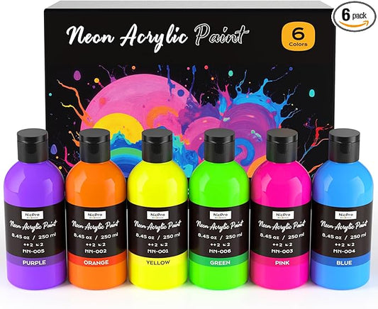 Nicpro 6 Colors Fluorescent Acrylic Paint Set (8.45 oz), Glow in the Black Light, Non-Toxic & Vibrant Neon Paint for Neon Party Decoration, DIY Project on Multi-Surface, Canvas, Rock, Wood, Craft