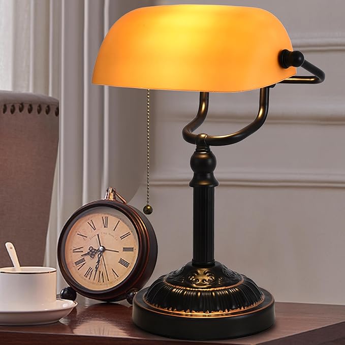 Bankers Desk Lamp with USB-A Port, Rustic Desk Lamp Pull Chain with Yellow Glass Shade, Vintage Banker's Desk Lamp Oil Rubbed Bronze for Home Office Library