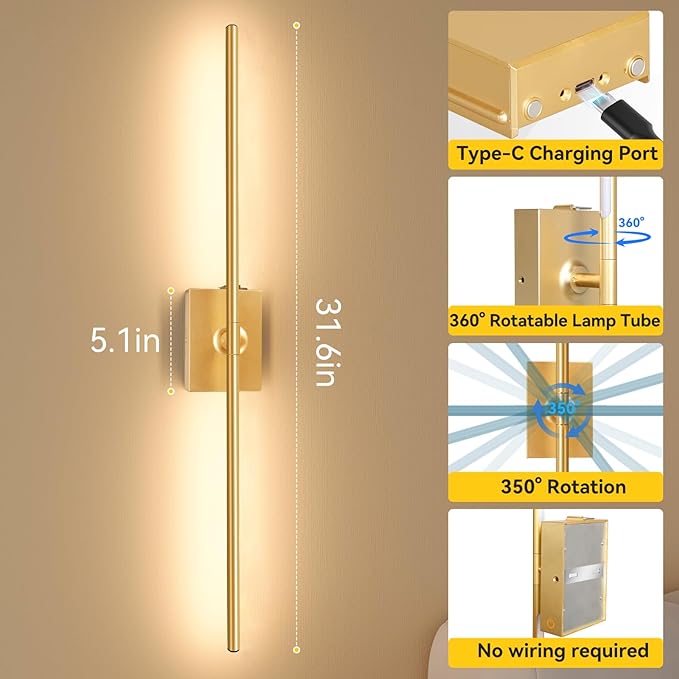 Ouyulong Battery Operated Wall Sconces Set of 2, 10000mAh Wireless Rechargeable 3000-6000K Dimmable 350° Rotate Wall Light with Remote for Living Room, Bedroom 31.6in Gold