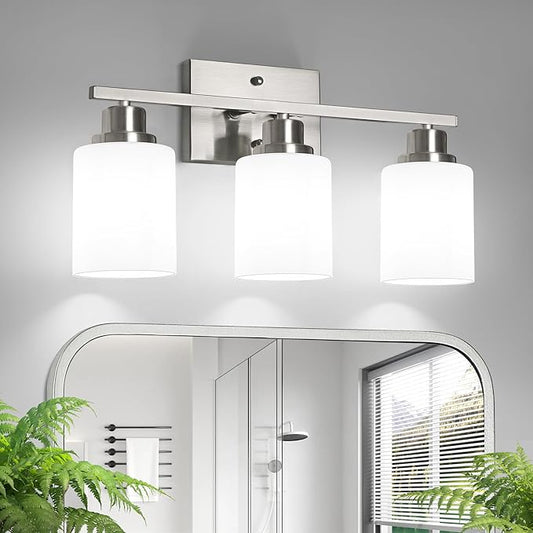 Ascher Bathroom Light Fixtures, 3-Light Vanity Light Over Mirror, Brushed Nickel Wall Sconces with Milky White Frosted Glass Shades, Wall Lamp for Living Room Bedroom, E26 Base(Bulbs Not Included)
