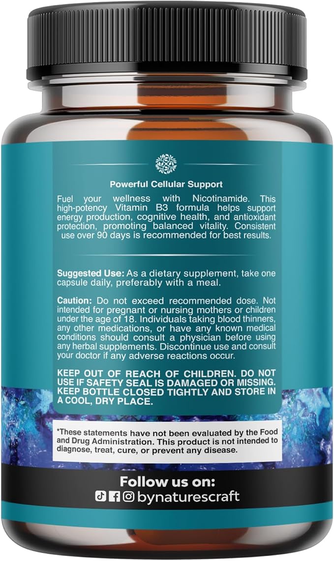 Vitamine B3 Niacinamide 500 mg Gélules - Énergie Mitochondriale et Puissant Complément pour la Peau - Vitamine B3 Niacine Sans Flush et Nicotinamide 500 mg - Complément Niacine Sans Flush - 60 gélules