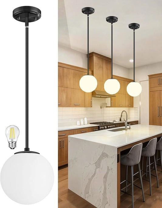 Majade Globe Pendant Lights Kitchen Island Mid Century Modern Pendant Light Fixtures 7.4 Inch Black Ceiling Lighting with Milk White Glass Shade Adjustable Hanging Light for Dining Room Living Room