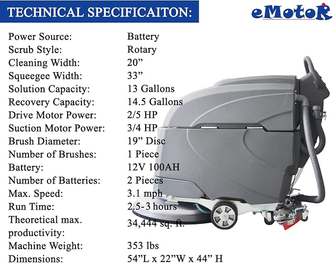 Emotor Self-Propelled Automatic Commerical Floor Scrubber Machine, Tile Floor Cleaning Machine - 20" Brush with 33" Squeegee-14.5 gal Tank for Shopping Mall/Warehouse/Hospital/Airport
