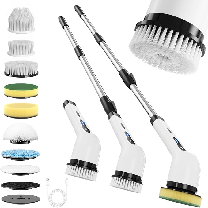Electric Spin Scrubber, Ultimate Household Cleaning Brush with 90Min Runtime & 8 Heads & 2 Modes- 52in Electric Shower Scrubber Deep Clean for Bathroom Grout, Oven, Shower, Tile & Car, IPX6 Waterproof