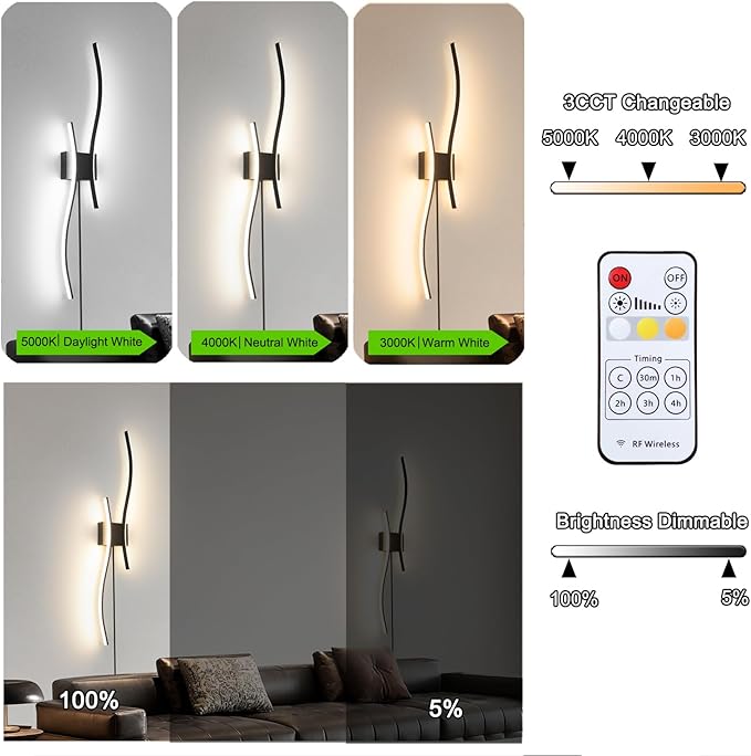 Daunton Modern Black Plug in Wall Sconces Set of 2 - Smart Dimmable LED Wall Lights with Remote, 3CCT Adjustable & Memory Function, Timer Setting - No Wiring Needed for Living Room, Bedroom, Hallway