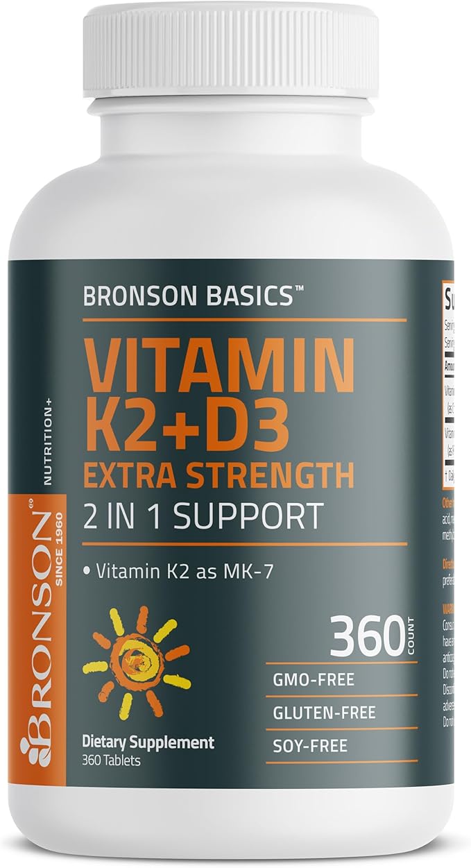 Bronson Vitamin K2 (MK7) with D3 Supplement Extra Strength 2 in 1 Support, 10,000 IU Vitamin D3 & 120 mcg K2 MK-7, 360 Tablets