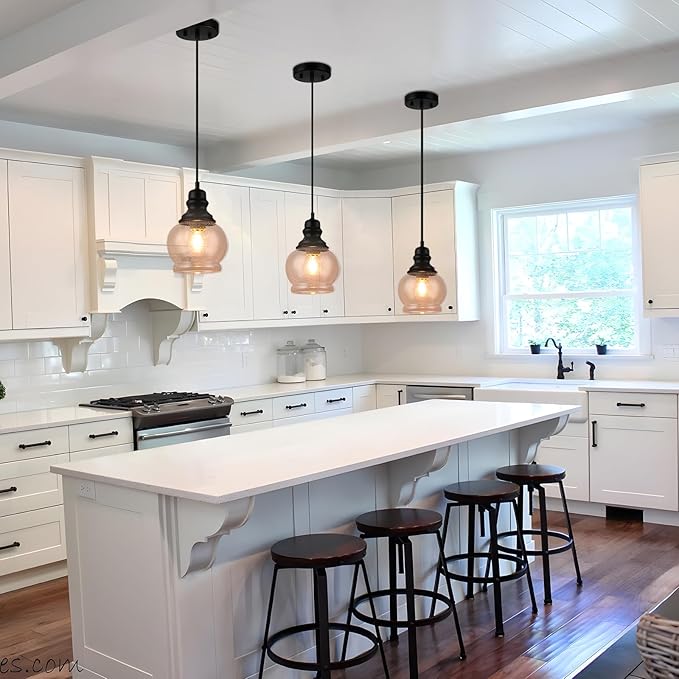 WILON Kitchen Island Light Fixtures, Black Pendant Light with Seeded Glass Shade Mini Pendant Lighting for Kitchen Island, Farmhouse Ceiling Light for Kitchen Island Dining Room Hallway Living Room