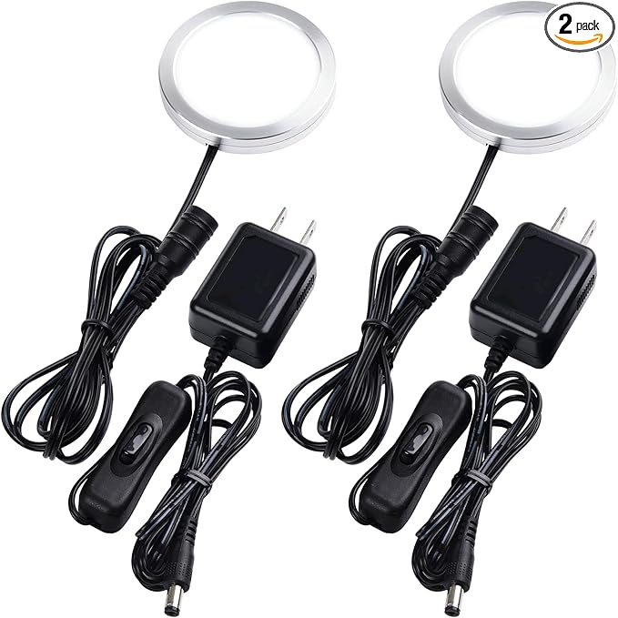 Single Under Cabinet LED Puck Light, Curio Display Case Shelf Counter Accent Lighting, 120V Electric Wired Wall Plug in, On Off Switch, Black Cords, 2 Packs, Daylight