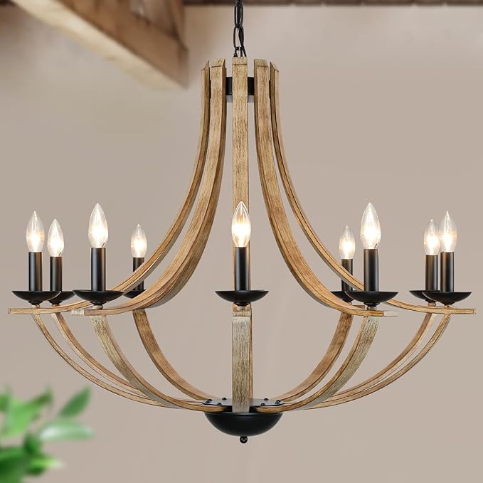 LAMPKEDUO Farmhouse Chandeliers for Dining Room Light Fixture, 10-Light 35" Adjustable Height Retro Faux Wood Texture Rustic Light Fixtures for Living Room Bedroom Kitchen Island Foyer Entryway
