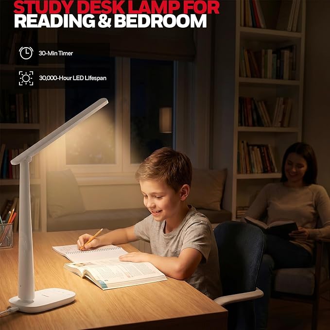 Honeywell LED Desk Lamp for Home Office, Eye-Caring Dimmable Reading Light with 4 Color Modes, Touch Control, USB-A & USB-C Charging Ports, Adjustable Head, Timer for Bedroom & Small Desks