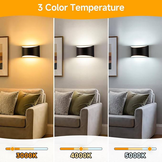 MATAMEYE Modern LED Wall Sconce Set of 2, Matte Black Indoor Wall Lighting Fixture with 3 Colors Temperatures, 10W Up/Down Hardwired Wall Mount Lamp for Bedroom Living Room Hallway