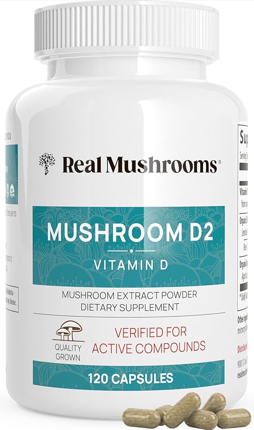 Real Mushrooms 椎茸＆アガリクス由来ビタミンD2 – ビーガンキノコベースDサプリメント – 全体的な健康をサポートするビタミン – オーガニック、非遺伝子組み換え、1000 IU – 120粒 機能性マッシュルーム