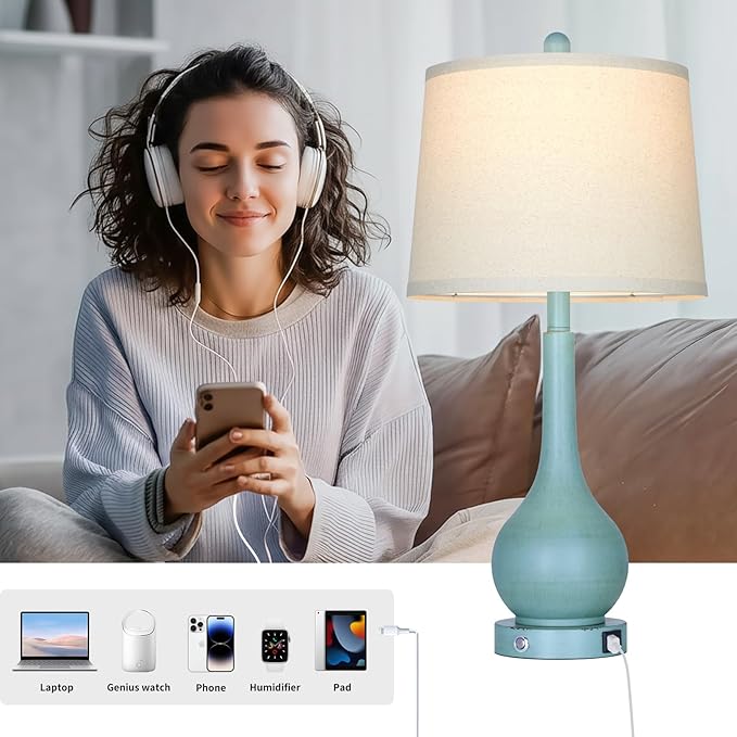 Rinweey 26" Coastal Table Lamps Set of 2, 3-Way Dimmable Touch Control Nightstand Lamps for Bedroom with USB A+C Ports, Modern Farmhouse Bedside Lamp for Living Room, Retro Blue (2 LED Bulbs Included)