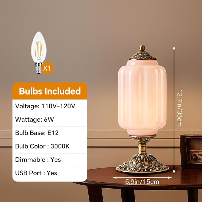 Milk Glass Table Lamp, Touch Control with USB Charging Port Vintage Bedside Desk Lamp Stepless Dimming for Bedroom Living Room Nightstand Led Bulbs Included （Pink）