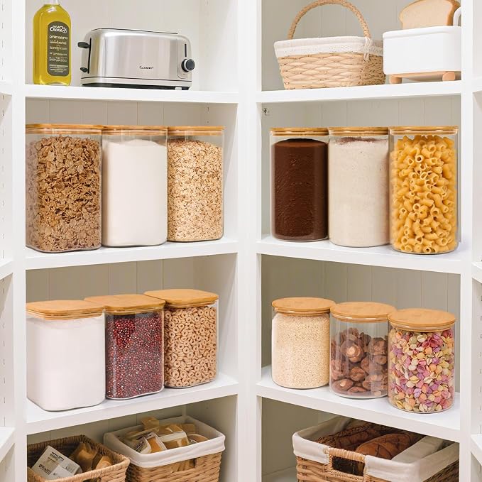 ComSaf 3.6 Qt Glass Food Storage Containers Set of 2, Large Storage Containers with Lids, Square Glass Jars with Lids, for Flour and Sugar, Cereal, Rice, Pasta, Oats, Coffee Beans