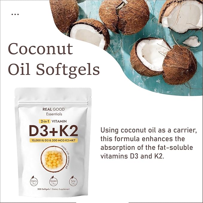 Real Good Essentials Vitamine D3 K2 10000 UI, 200 gélules d'huile de noix de coco vierge, complément vitaminique D & K 2 en 1 (inclut MK7), facile à avaler, soutient l'absorption du calcium, la santé osseuse (1 pièce)