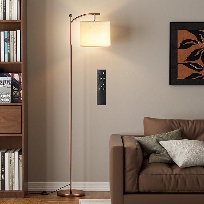 Ambimall 60" Floor Lamp with Remote Control and Stepless Dimmable Bulb, Colors Temperature & Brightness Adjustable, Modern Floor Lamps for Living Room, Deep Beige Shade & Brown Pole