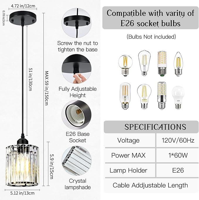 3 Pack Pendant Lights Kitchen Island, Modern Island Lights for Kitchen with Crystal Glass Shade – Luxury Pendant Light Fixtures for Kitchen Island, Dining Table, Entryway, Restaurant