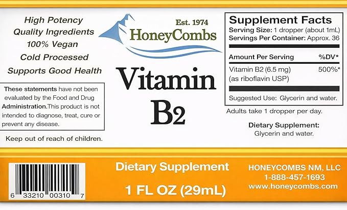 ハニカム リボフラビン ビタミンB2液状ドロップ 500%DV、米国製アルコールフリーB2ビタミンサプリメント、大人向けカプセルに代わる高吸収型リボフラビン、日常使いに