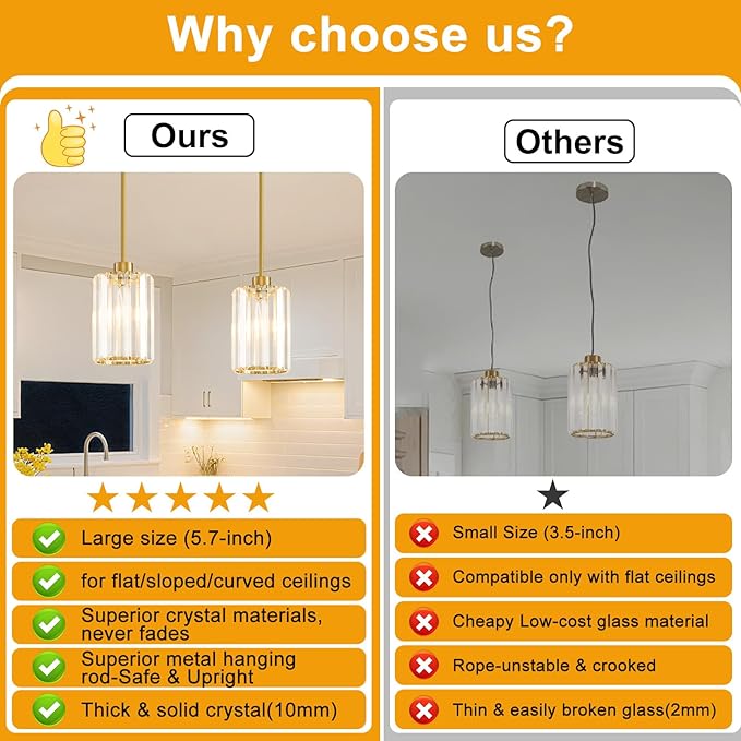2 Pack Pendant Lights Kitchen Island, Modern Gold Pendant Light Fixtures, Mini Chandelier Crystal Kitchen Island Lighting, Hanging Pendant Lights Fixture for Kitchen Island Dining Room Hallway Foyer