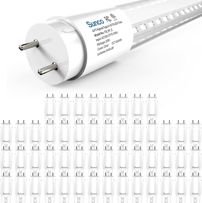 Sunco 50 Pack T8 LED Bulbs 4 Foot, 48 Inch Tube Light Bulbs Fluorescent Replacement, Single or Double Ended Hybrid Type A+B, 2400 LM, 20W, 6000K Daylight Deluxe, Clear Lens ETL